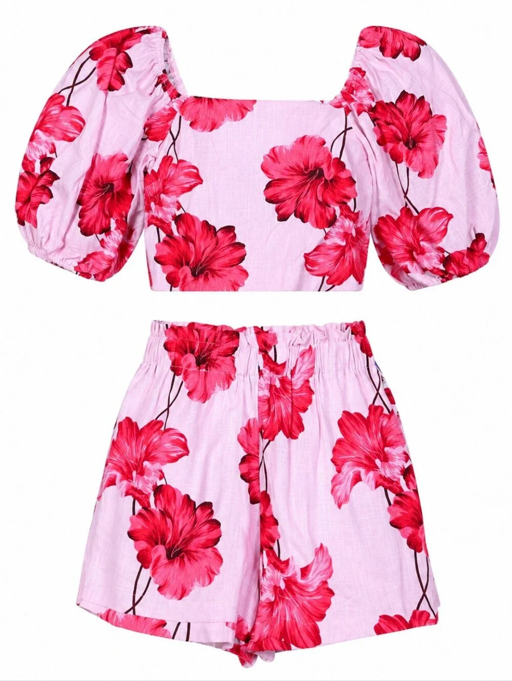 Paper Heart Alro Hisbiscus Linen Blend Two Piece Set Puff Sleeve Top Shorts Sz.L